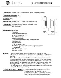 Albert Wandleuchte mit Bewegungsmelder Edelstahl Typ 0241