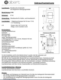 Albert Wandleuchte mit Bewegungsmelder Edelstahl Typ 6140